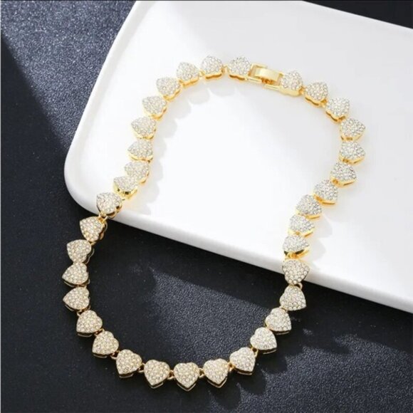 Gold Plated Heart Crystal Necklace Paved, Ice Out, Bling, Choker - Picture 7 of 14